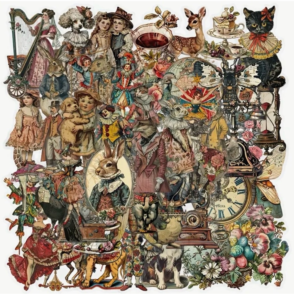 50 Victorian Steampunk Stickers Animals Clowns Clocks Globe Cats Vintage Look